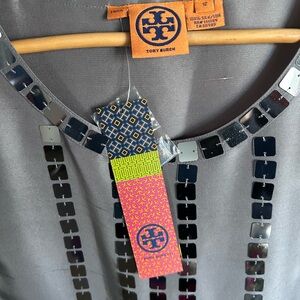 Tory Burch Silver Silk Sequins Embellished Top NWT Size 12